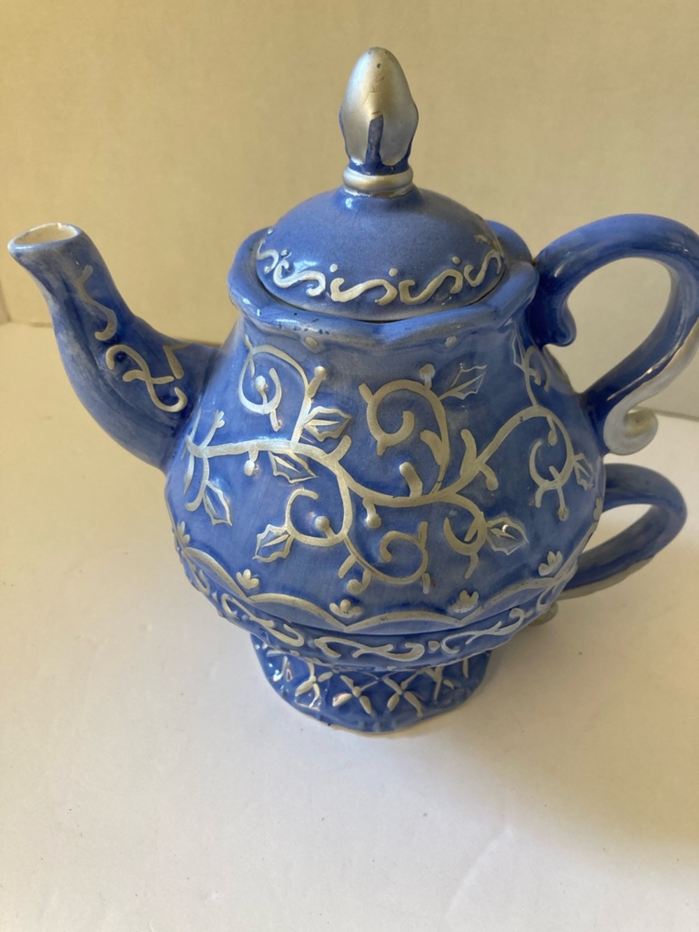Make the Season Bright Blue small Decorative Teapot and cup with Silver accents